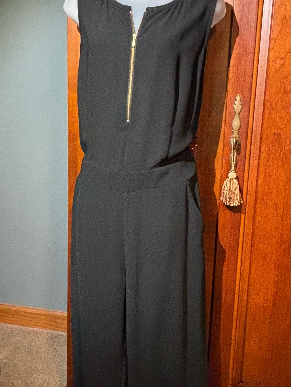 CAbi Black Sleeveless Jumpsuit with Gold Front Zip